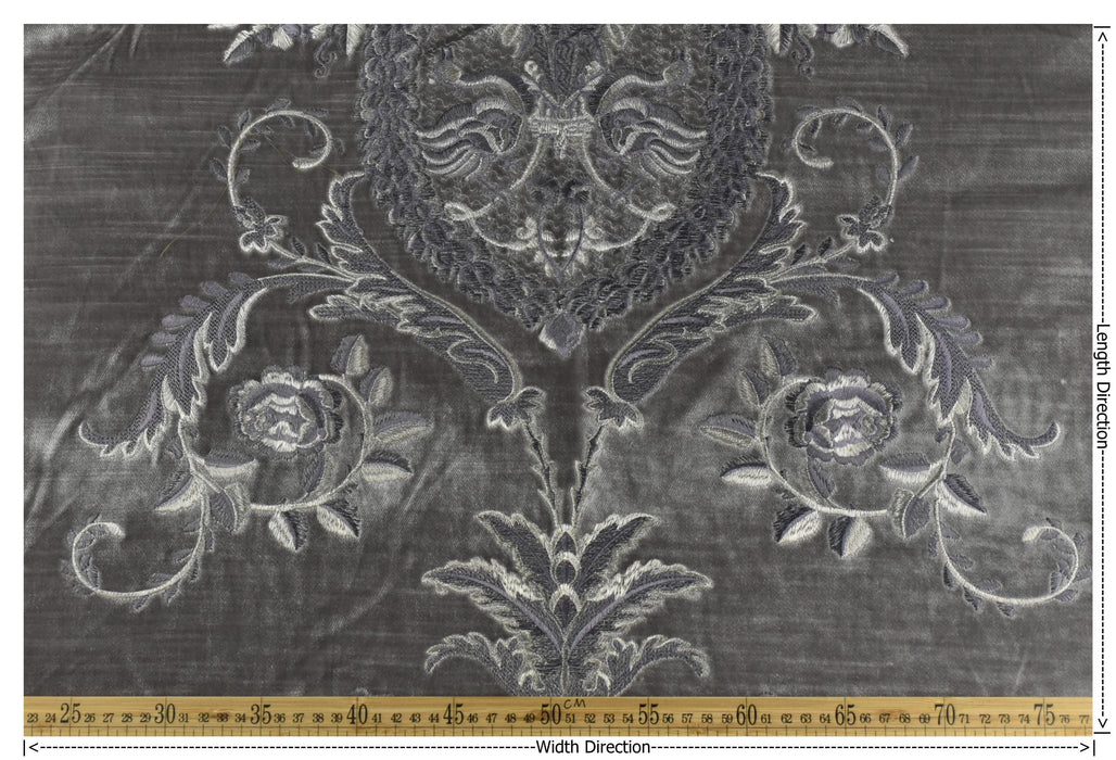 Clearance Sale!French Luxury Purple Sliver Grey Embroidered Damask Floral on Grey Cut Velvet Fabric For Chair Curtain Pillow