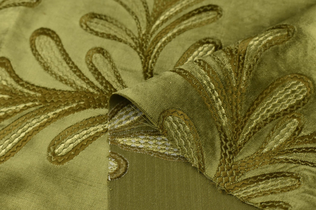 Clearance Sale!Vintage Moss Green Gold Botanical Leaves Embroidered Floral Cut Velvet Fabric For Chair|Elegant Furniture and Drapery Fabric