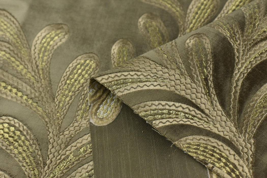 Clearance Sale!Vintage Dark Ollive Gold Botanical Leaves Embroidered Floral Cut Velvet Fabric For Chair|Elegant Furniture and Drapery Fabric