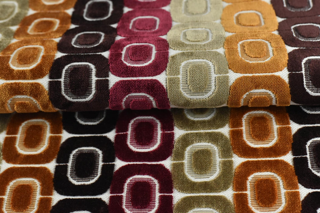 Heavy Weight Milti-Colored Mid Century Modern Geometric Cut Velvet Upholstery Fabric for Chair|Vintage MCM Raised Velvet Furniture Fabric