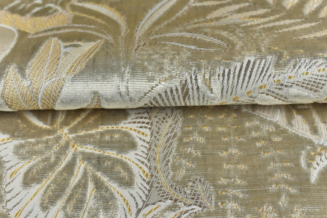Heavy Weight Dust Gray Gold Tropical Botanical Leaf Cut Velvet Upholstery Fabric For Chair|Designer Vintage Reupholstery Furniture Fabric