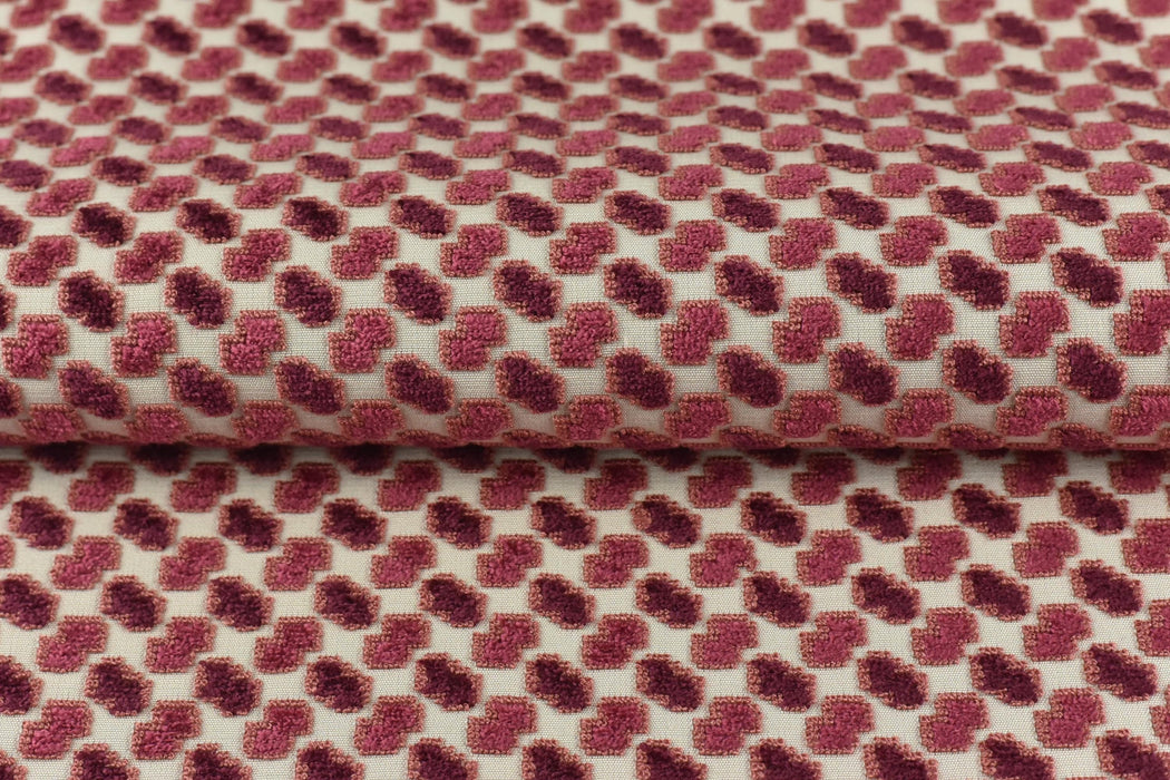 Heavy Weight Burgundy Red Geometric Raised Cut Velvet Upholstery Fabric for Chair|Luxury Furniture Fabric|Modern Textured Velvet Fabric