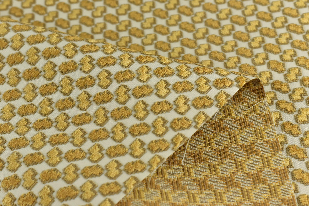 Heavy Weight Cream Gold Geometric Raised Cut Velvet Upholstery Fabric for Chair|Luxury Furniture Fabric|Modern Textured Velvet Fabric