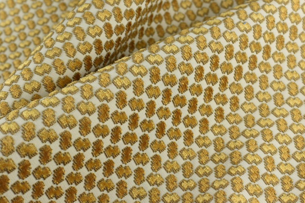 Heavy Weight Cream Gold Geometric Raised Cut Velvet Upholstery Fabric for Chair|Luxury Furniture Fabric|Modern Textured Velvet Fabric