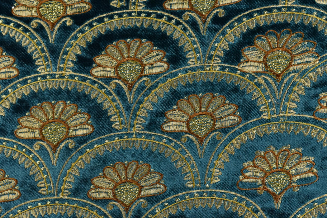 Clearance Sale!Heavyweight Teal Blue Gold Floral Embroidered Cut Velvet Upholstery Fabric For Curtain Chair|Aabstract Art Deco Flower Fabric