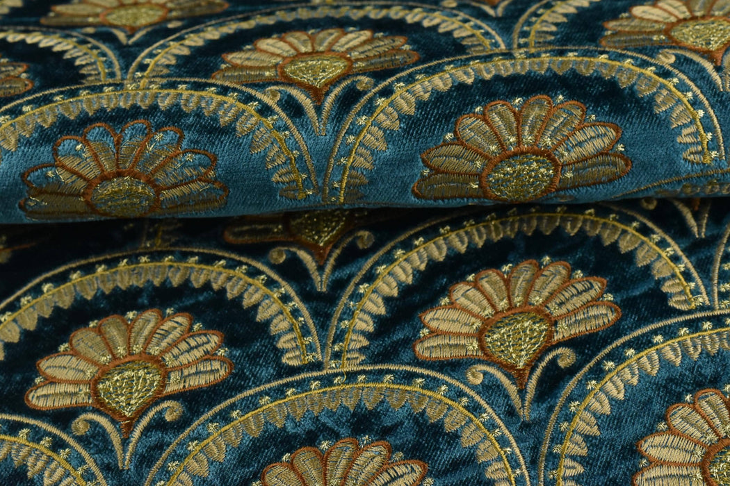 Clearance Sale!Heavyweight Teal Blue Gold Floral Embroidered Cut Velvet Upholstery Fabric For Curtain Chair|Aabstract Art Deco Flower Fabric