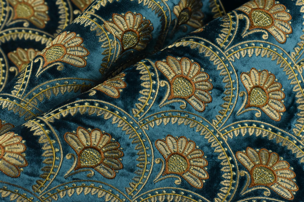 Clearance Sale!Heavyweight Teal Blue Gold Floral Embroidered Cut Velvet Upholstery Fabric For Curtain Chair|Aabstract Art Deco Flower Fabric
