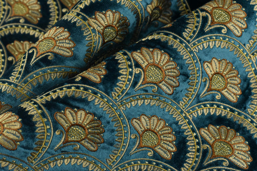 Clearance Sale!Heavyweight Teal Blue Gold Floral Embroidered Cut Velvet Upholstery Fabric For Curtain Chair|Aabstract Art Deco Flower Fabric