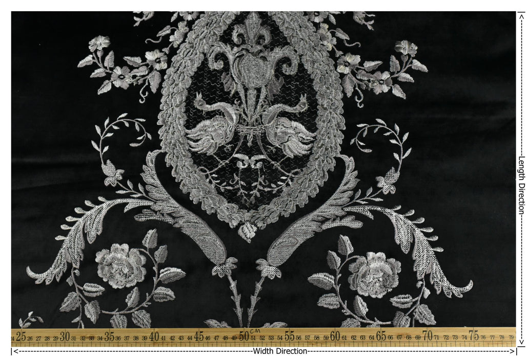 Clearance Sale!French Royal Sliver Embroidered Floral on Black Cut Velvet Fabric For Curtain Chair|Heavyweight Elegant Furniture Fabric