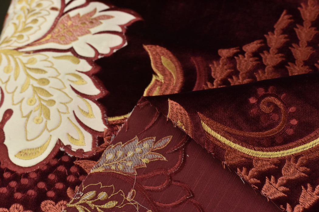 Clearance Sale!Heavy Weight Vintage Red Gold Large Scale Floral Embroidered Cut Velvet Upholstery Fabric|Luxury Fabric For Curtain Chair