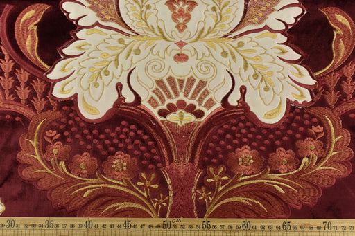 Clearance Sale!Heavy Weight Vintage Red Gold Large Scale Floral Embroidered Cut Velvet Upholstery Fabric|Luxury Fabric For Curtain Chair