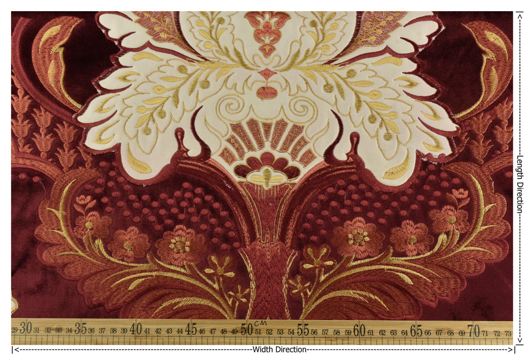 Clearance Sale!Heavy Weight Vintage Red Gold Large Scale Floral Embroidered Cut Velvet Upholstery Fabric|Luxury Fabric For Curtain Chair