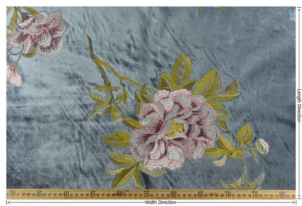 Clearance Sale!Luxury Green Purple Pink Embroidered Floral on Smoke Blue Cut Velvet Fabric|Heavyweight Elegant Fabric For Chair Curtains