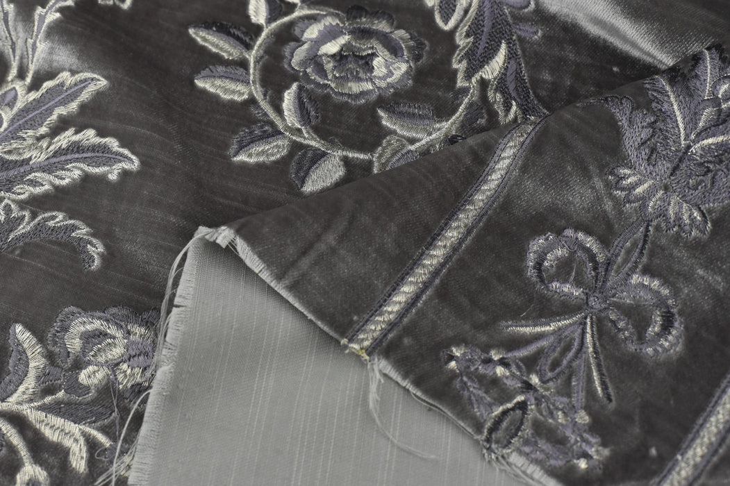 Clearance Sale!French Luxury Purple Sliver Grey Embroidered Damask Floral on Grey Cut Velvet Fabric For Chair Curtain Pillow