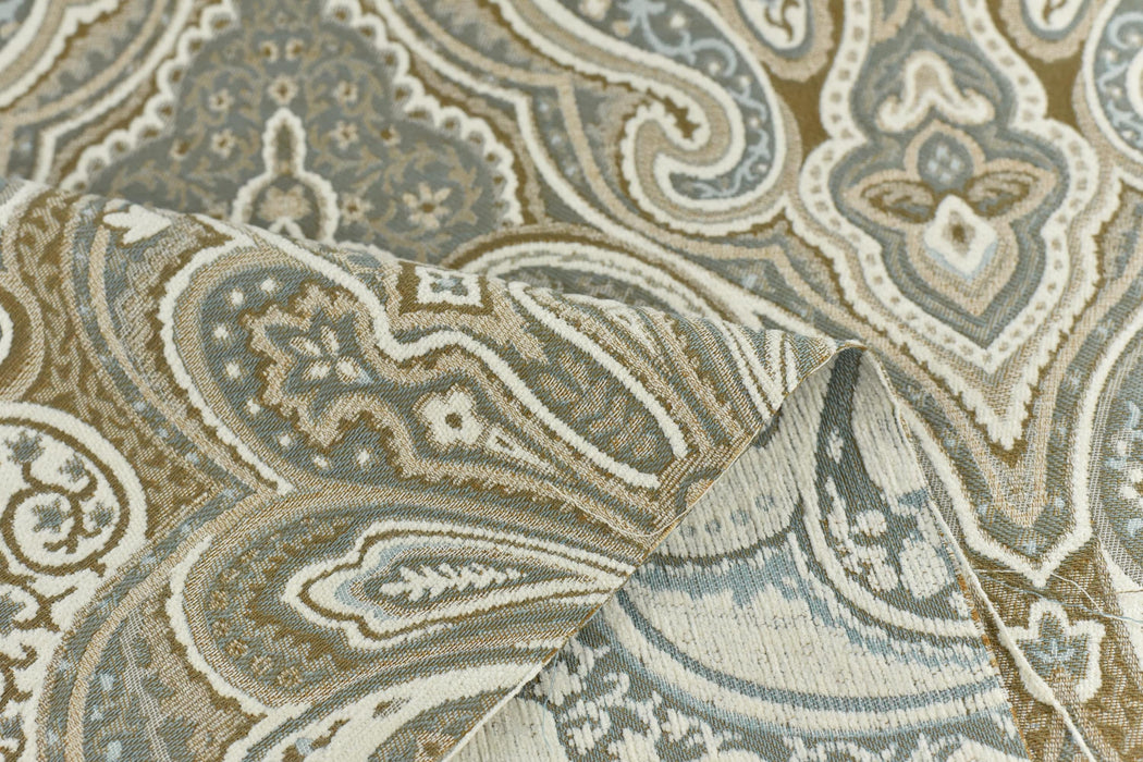 Heavy Weight MCM Smoke Blue Earth Yellow Damask Floral Chenille Upholstery Fabric For Chair|Vintage Large Floral Furniture Fabric