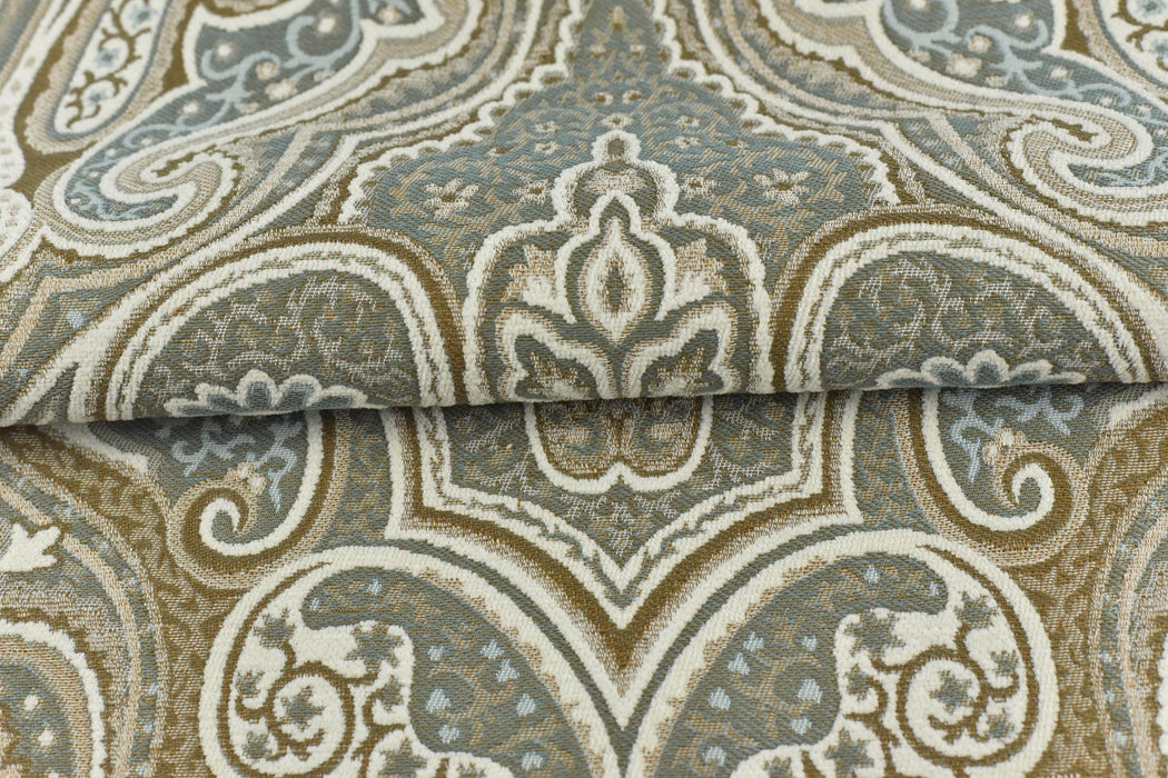 Heavy Weight MCM Smoke Blue Earth Yellow Damask Floral Chenille Upholstery Fabric For Chair|Vintage Large Floral Furniture Fabric
