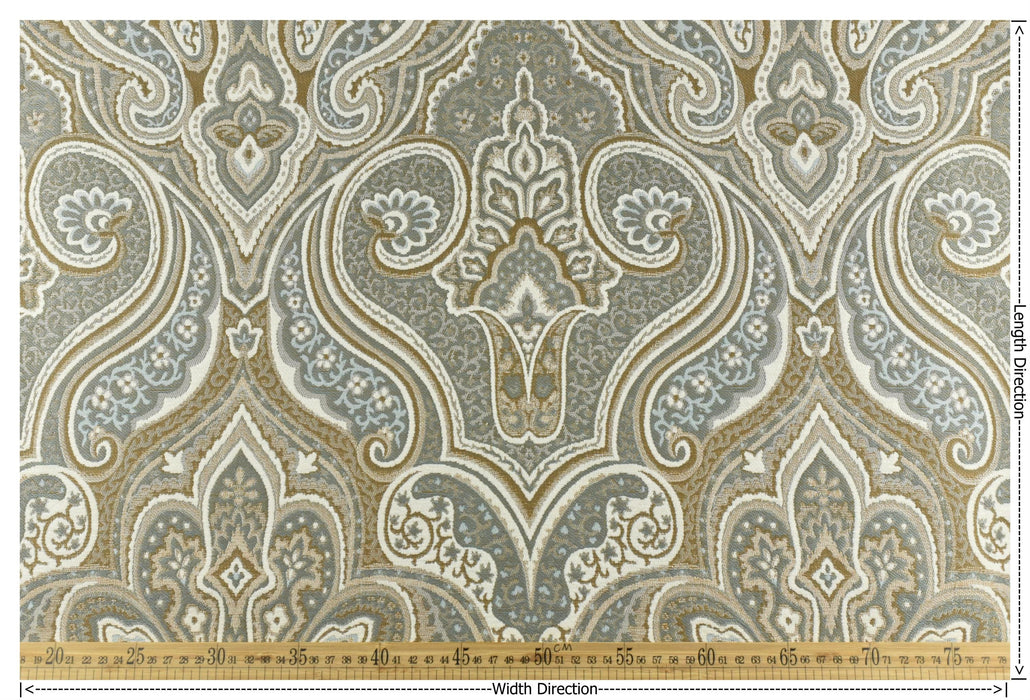 Heavy Weight MCM Smoke Blue Earth Yellow Damask Floral Chenille Upholstery Fabric For Chair|Vintage Large Floral Furniture Fabric