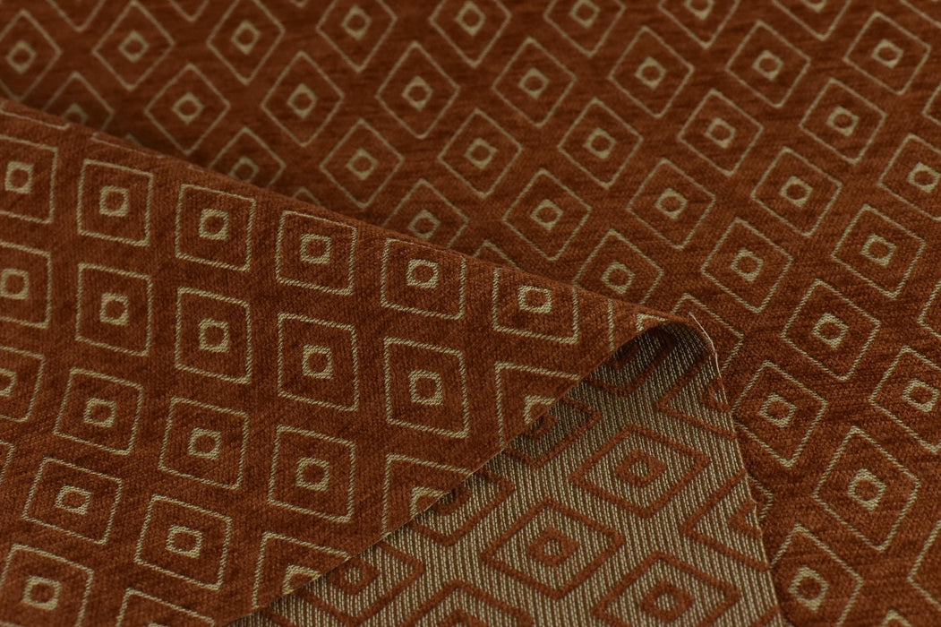 Mid Century Modern Rust Brown Vintage Geometric Chenille Upholstery Fabric For Chair Curtain|Small Diamond Pattern Furniture Reupholstery