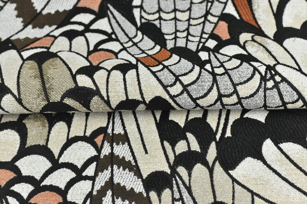 Heavy Weight Vintage Feather Jacquard Upholstery Fabric For Chair|Abstract Bird Feather Design|Black White Rust Brown Sofa Fabric