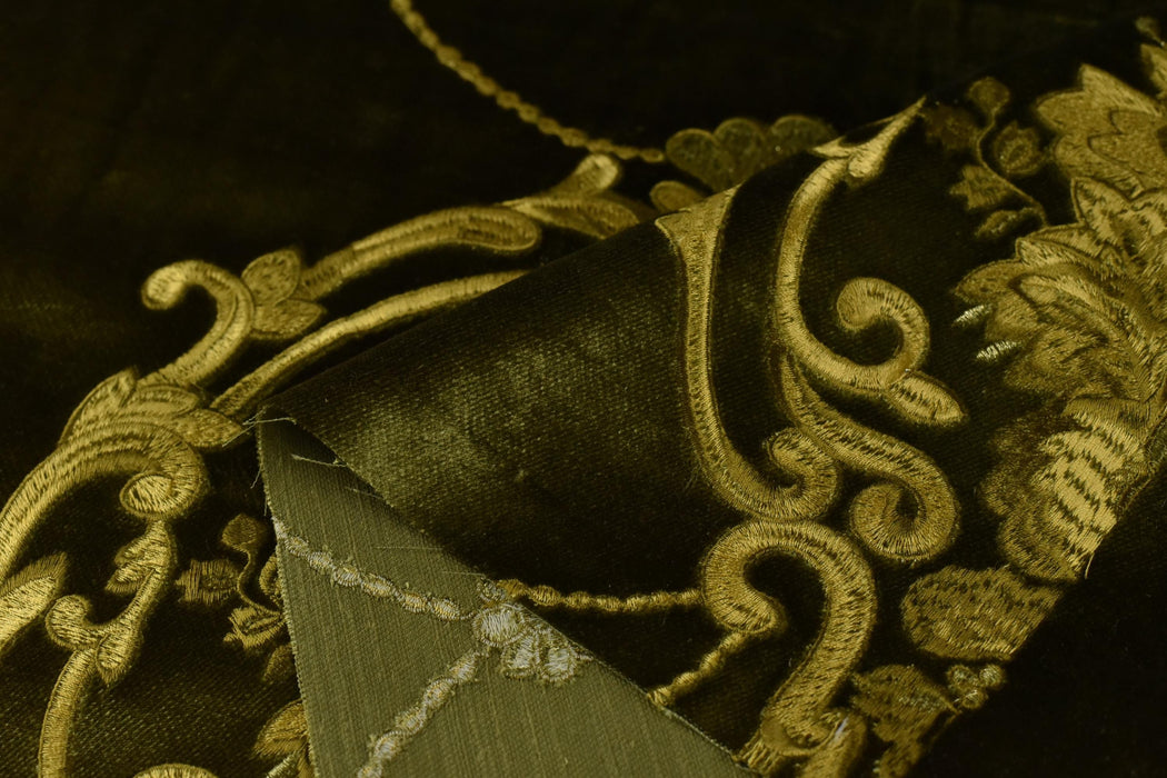 Clearance Sale!Luxury Moss Green and Gold Embroidered Floral Cut Velvet Fabric For Curtain|Heavyweight Green Gold Elegant Fabric