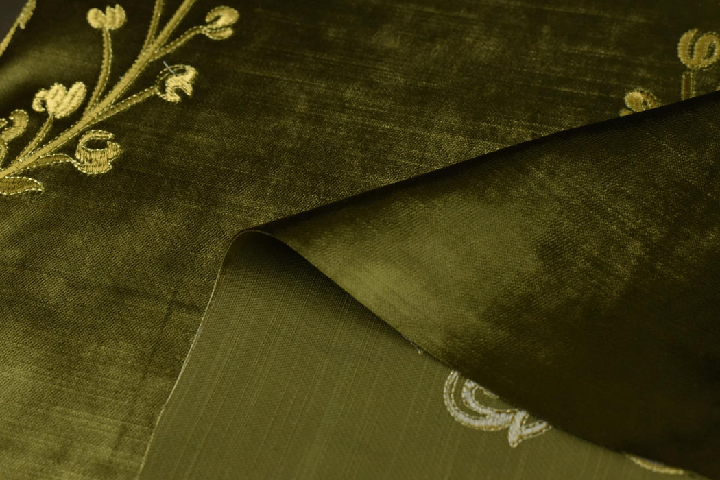 Clearance Sale!Luxury Baroque Floral Moss Green Gold Embroidered Floral Cut Velvet Fabric For Curtain|Vintage Green Gold Elegant Fabric