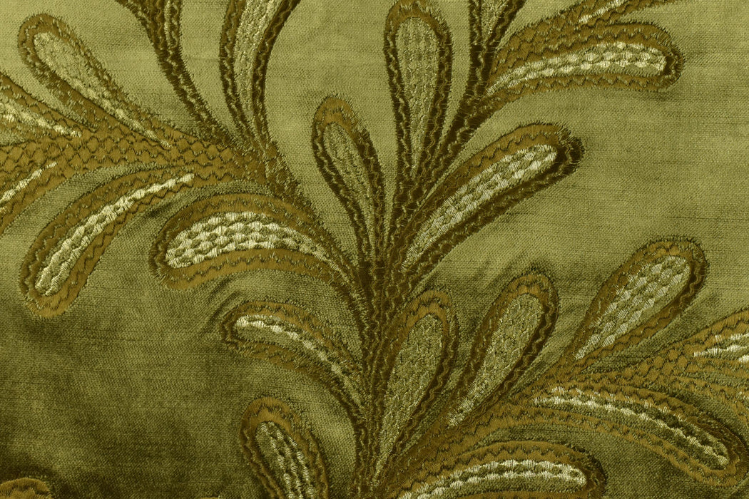 Clearance Sale!Vintage Moss Green Gold Botanical Leaves Embroidered Floral Cut Velvet Fabric For Chair|Elegant Furniture and Drapery Fabric