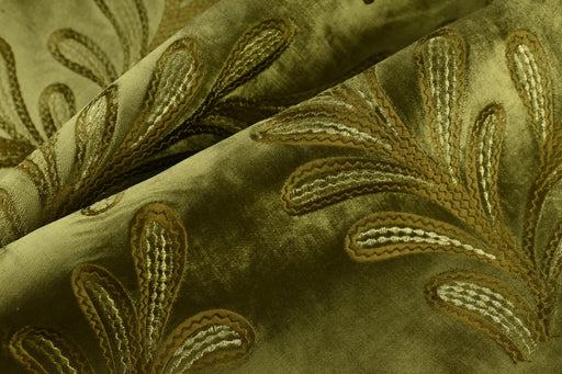 Clearance Sale!Vintage Moss Green Gold Botanical Leaves Embroidered Floral Cut Velvet Fabric For Chair|Elegant Furniture and Drapery Fabric