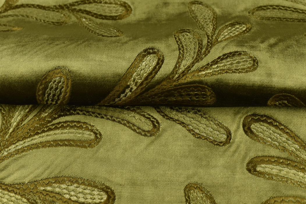 Clearance Sale!Vintage Moss Green Gold Botanical Leaves Embroidered Floral Cut Velvet Fabric For Chair|Elegant Furniture and Drapery Fabric