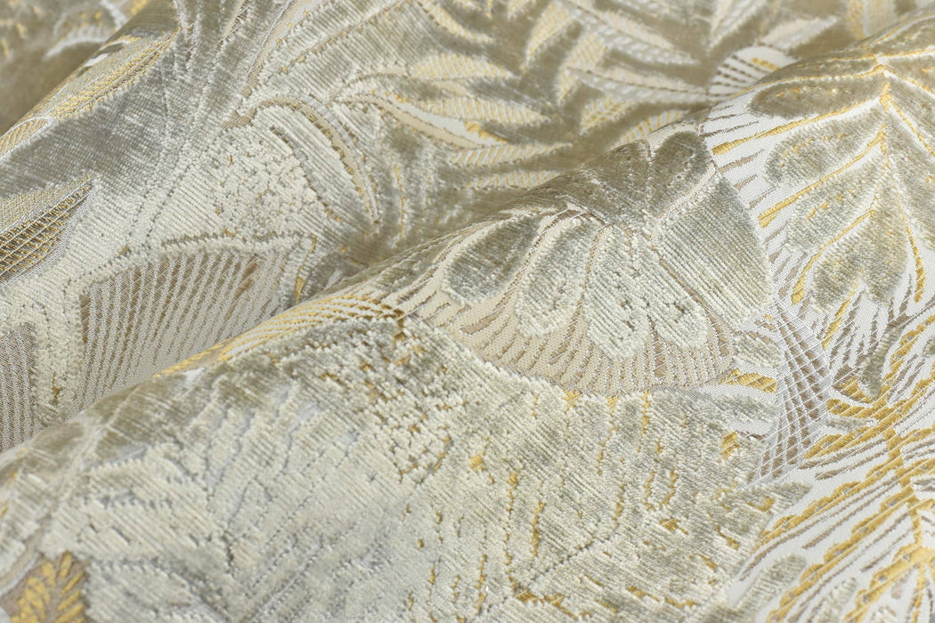 Heavy Weight Dust Gray Gold Tropical Botanical Leaf Cut Velvet Upholstery Fabric For Chair|Designer Vintage Reupholstery Furniture Fabric