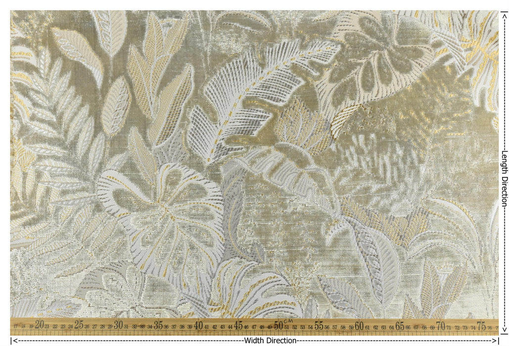 Heavy Weight Dust Gray Gold Tropical Botanical Leaf Cut Velvet Upholstery Fabric For Chair|Designer Vintage Reupholstery Furniture Fabric