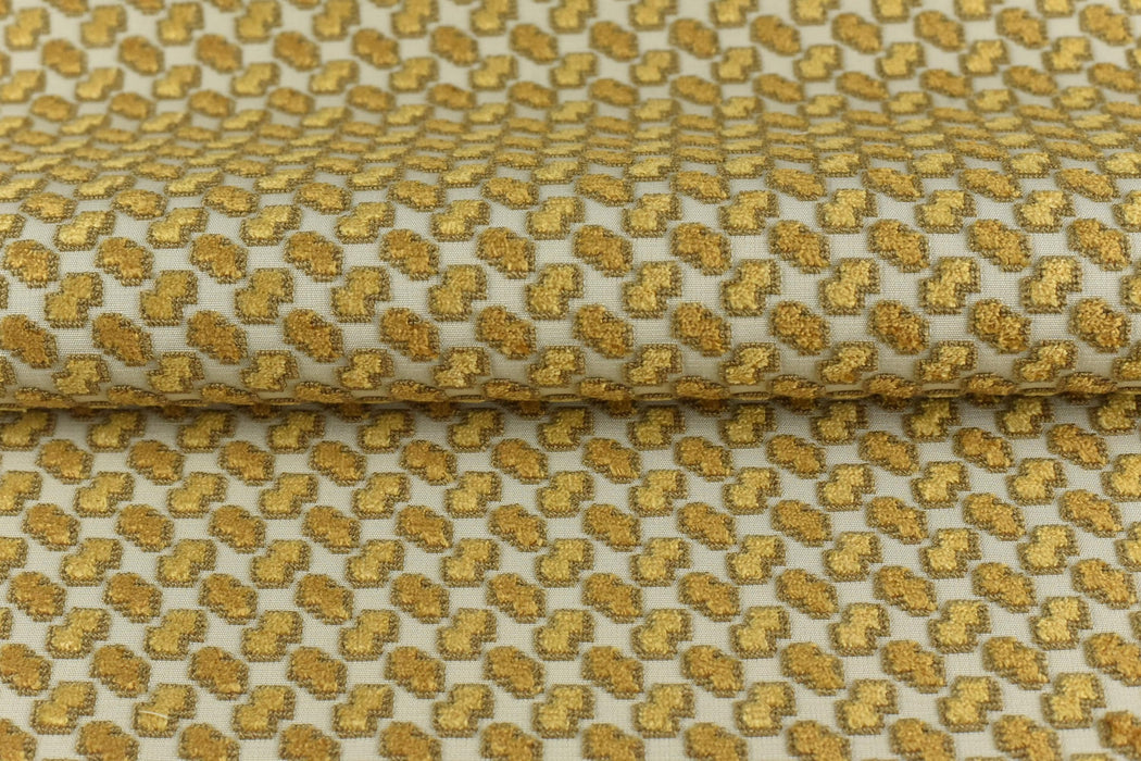 Heavy Weight Cream Gold Geometric Raised Cut Velvet Upholstery Fabric for Chair|Luxury Furniture Fabric|Modern Textured Velvet Fabric