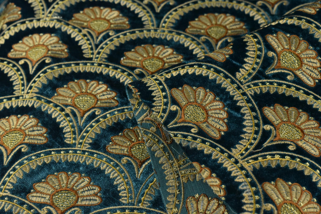 Clearance Sale!Heavyweight Teal Blue Gold Floral Embroidered Cut Velvet Upholstery Fabric For Curtain Chair|Aabstract Art Deco Flower Fabric