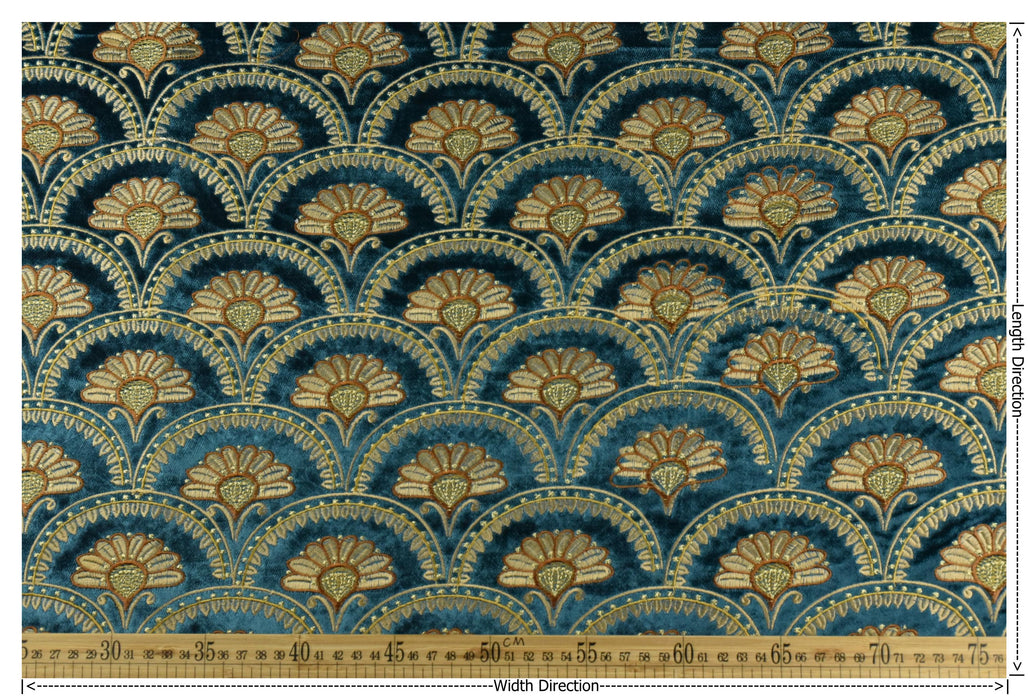 Clearance Sale!Heavyweight Teal Blue Gold Floral Embroidered Cut Velvet Upholstery Fabric For Curtain Chair|Aabstract Art Deco Flower Fabric