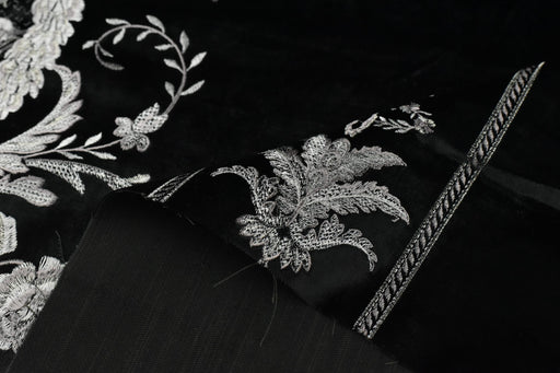 Clearance Sale!French Royal Sliver Embroidered Floral on Black Cut Velvet Fabric For Curtain Chair|Heavyweight Elegant Furniture Fabric