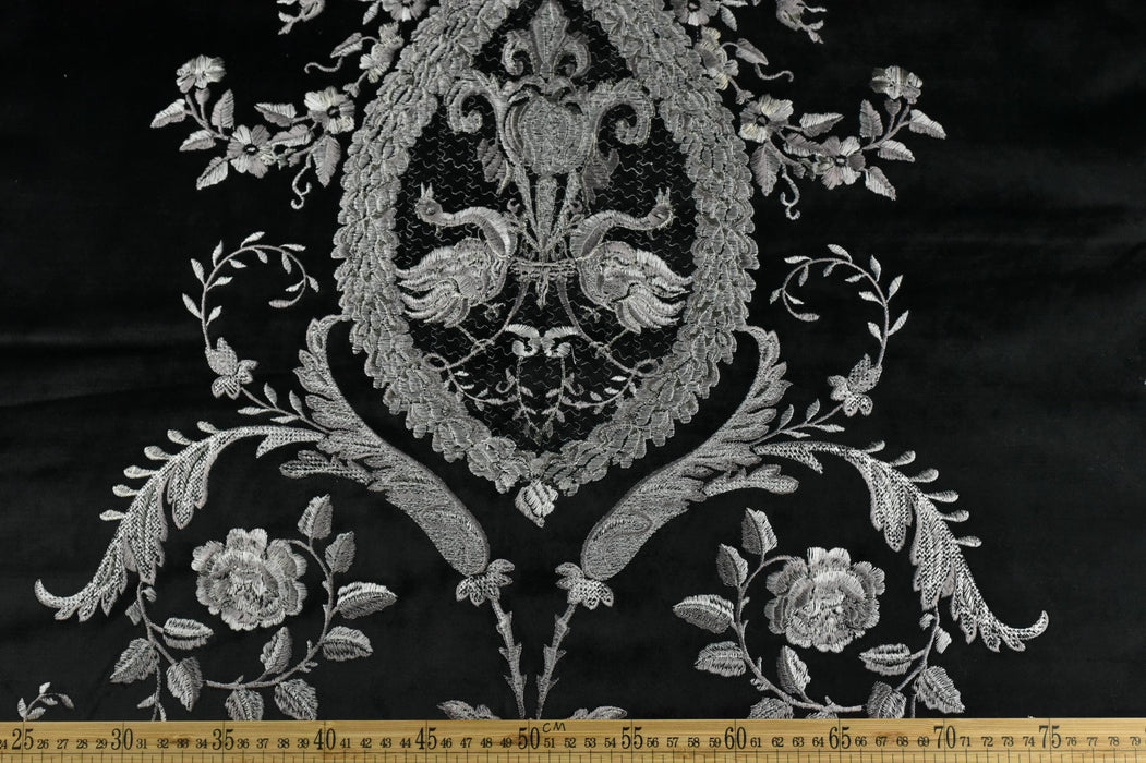 Clearance Sale!French Royal Sliver Embroidered Floral on Black Cut Velvet Fabric For Curtain Chair|Heavyweight Elegant Furniture Fabric