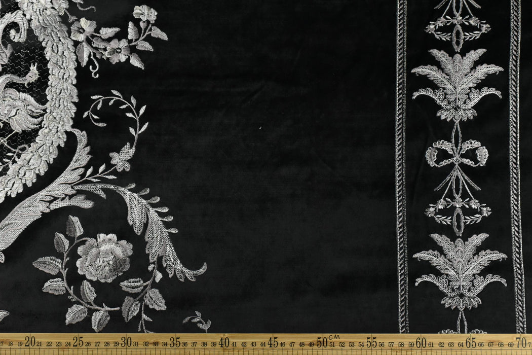 Clearance Sale!French Royal Sliver Embroidered Floral on Black Cut Velvet Fabric For Curtain Chair|Heavyweight Elegant Furniture Fabric