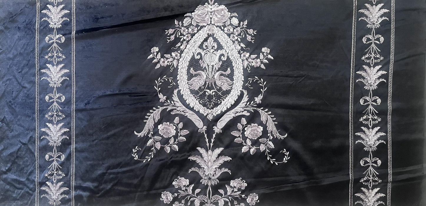 Clearance Sale!French Royal Sliver Embroidered Floral on Black Cut Velvet Fabric For Curtain Chair|Heavyweight Elegant Furniture Fabric