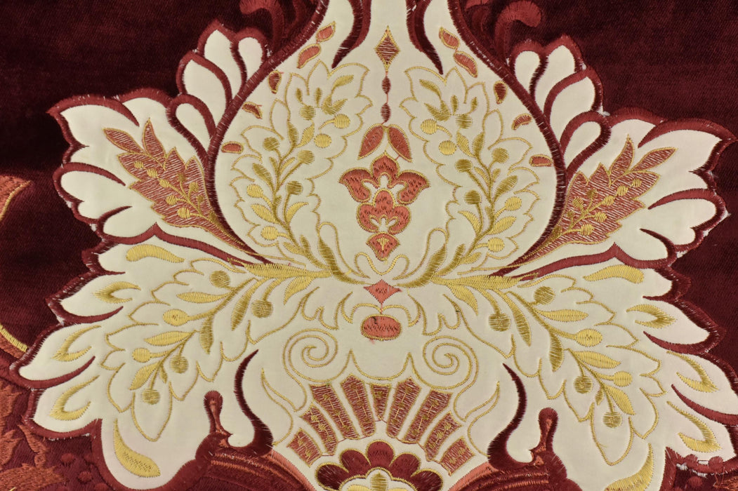 Clearance Sale!Heavy Weight Vintage Red Gold Large Scale Floral Embroidered Cut Velvet Upholstery Fabric|Luxury Fabric For Curtain Chair