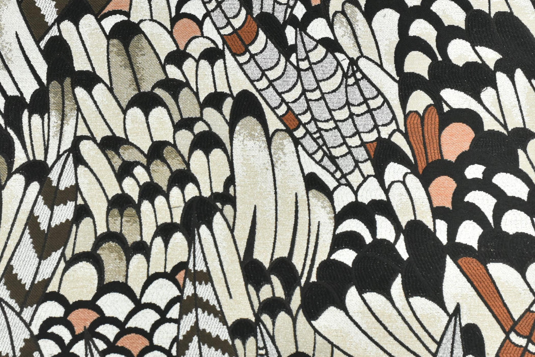 Heavy Weight Vintage Feather Jacquard Upholstery Fabric For Chair|Abstract Bird Feather Design|Black White Rust Brown Sofa Fabric