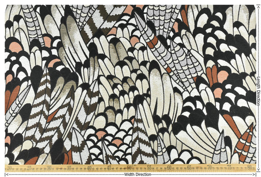 Heavy Weight Vintage Feather Jacquard Upholstery Fabric For Chair|Abstract Bird Feather Design|Black White Rust Brown Sofa Fabric