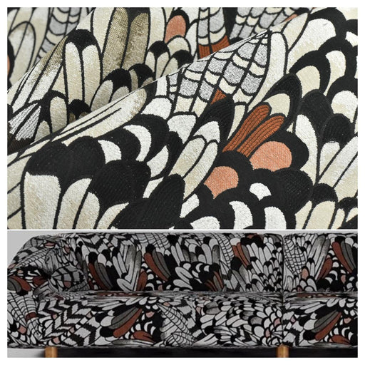Heavy Weight Vintage Feather Jacquard Upholstery Fabric For Chair|Abstract Bird Feather Design|Black White Rust Brown Sofa Fabric