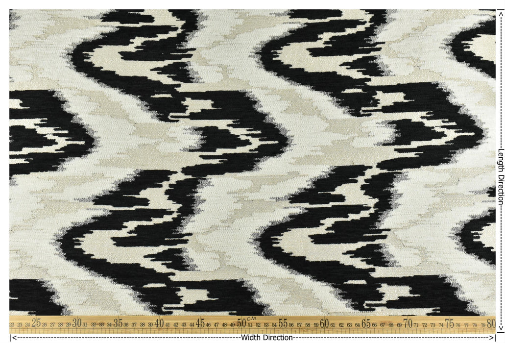 Heavyweight Vintage Black White Beige Wavy Ikat Pattern Chenille Woven Upholstery Fabric For Chair|Raised Abstract Geometric Jacquard Fabric