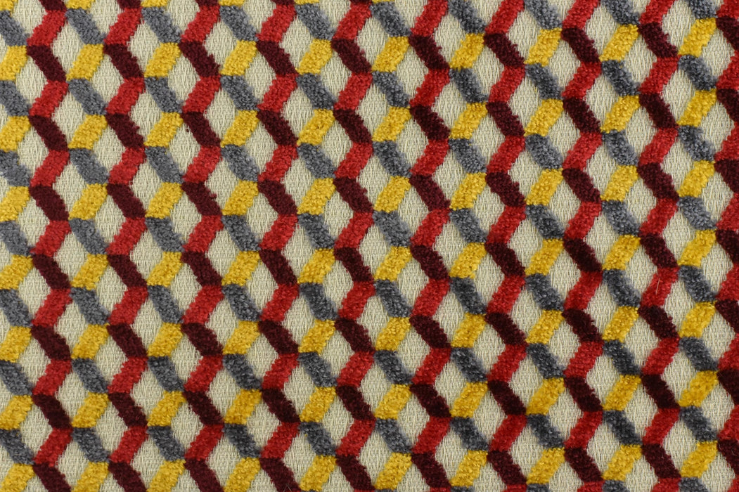 Multi-Colored Red Yellow Gray Raised Geometric Cut Velvet Upholsetry Fabric For Chair|Diamond 3D Textured Furniture Fabric For Ottoman Sofa