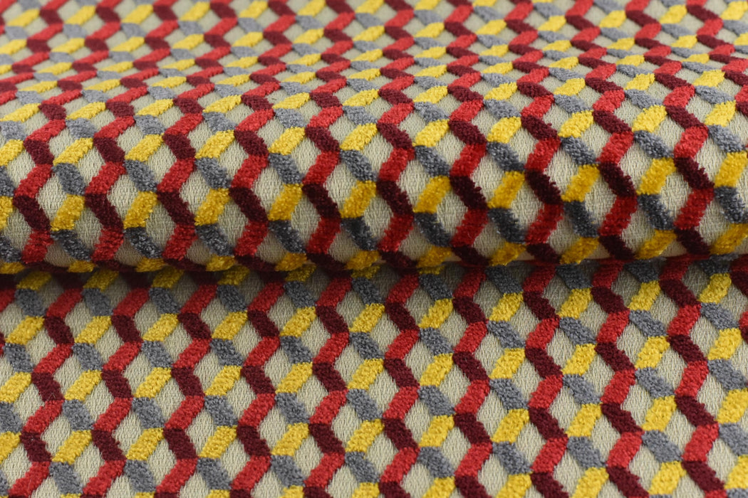 Multi-Colored Red Yellow Gray Raised Geometric Cut Velvet Upholsetry Fabric For Chair|Diamond 3D Textured Furniture Fabric For Ottoman Sofa