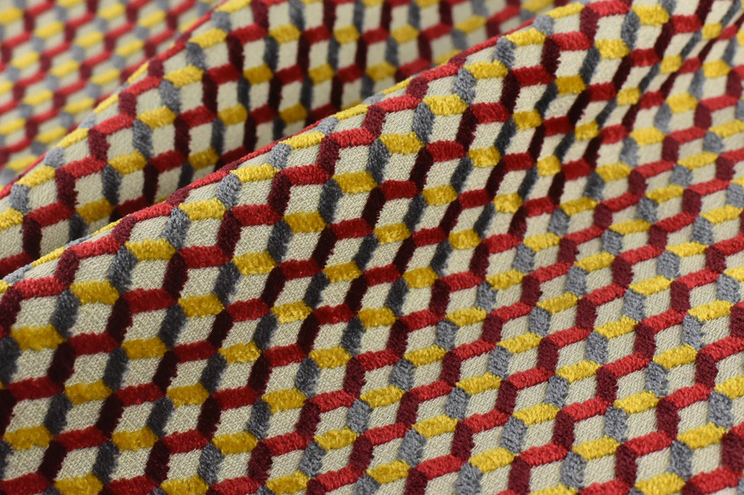 Multi-Colored Red Yellow Gray Raised Geometric Cut Velvet Upholsetry Fabric For Chair|Diamond 3D Textured Furniture Fabric For Ottoman Sofa