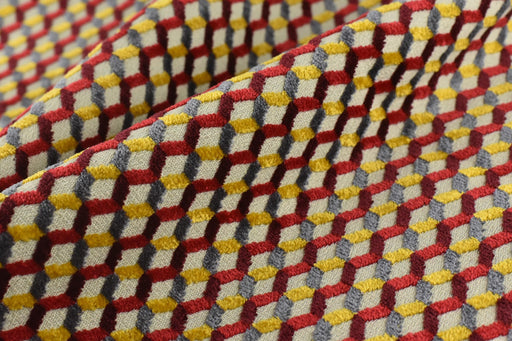 Multi-Colored Red Yellow Gray Raised Geometric Cut Velvet Upholsetry Fabric For Chair|Diamond 3D Textured Furniture Fabric For Ottoman Sofa