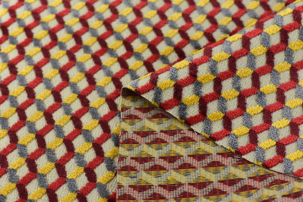 Multi-Colored Red Yellow Gray Raised Geometric Cut Velvet Upholsetry Fabric For Chair|Diamond 3D Textured Furniture Fabric For Ottoman Sofa