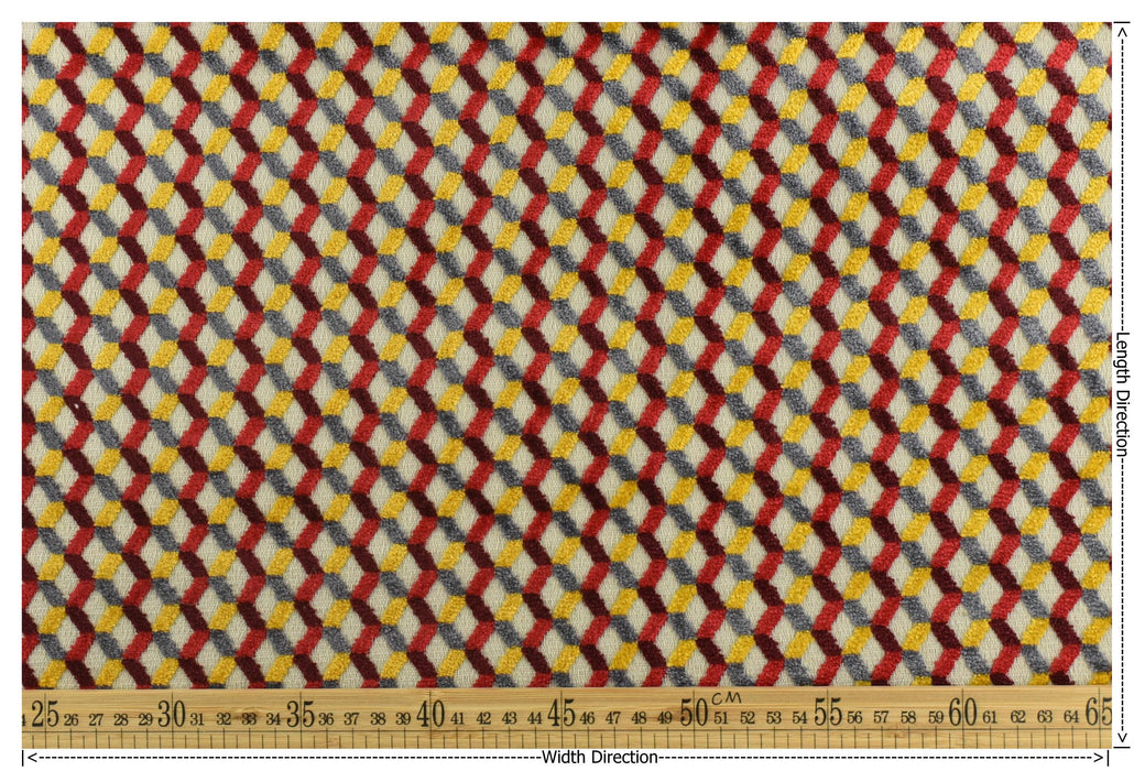 Multi-Colored Red Yellow Gray Raised Geometric Cut Velvet Upholsetry Fabric For Chair|Diamond 3D Textured Furniture Fabric For Ottoman Sofa
