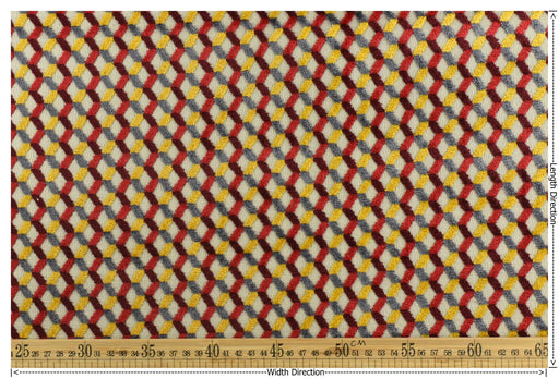 Multi-Colored Red Yellow Gray Raised Geometric Cut Velvet Upholsetry Fabric For Chair|Diamond 3D Textured Furniture Fabric For Ottoman Sofa