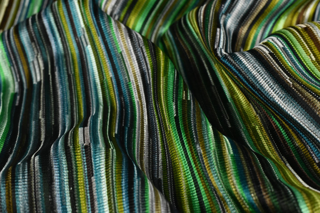 Heavy Wight Multi-Colored Green Blue Striped Cut Velvet Upholsetry Fabric For Chair|Charteuse Green Gold Black Furniture and Drapery Fabric